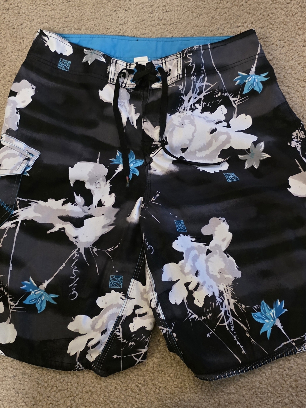Quiksilver Mens Floral Board Shorts Drawstring Pockets Black White Blue 32